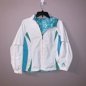 White blue green and flower embroidered kids spring coat size 10/12 M zeroXposur